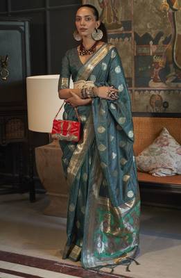 teal blue silk blend jacquard woven saree with blouse 1