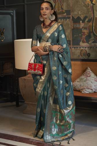 Teal Blue Silk Jacquard Woven Saree With Blouse