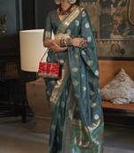 Teal Blue Silk Jacquard Woven Saree With Blouse