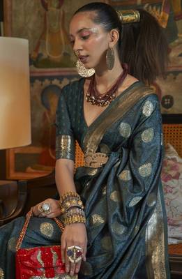 teal blue silk blend jacquard woven saree with blouse 2