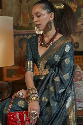 teal blue silk blend jacquard woven saree with blouse