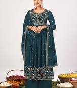 Teal blue georgette heavy thread embroidery with sequins work salwar kameez (bottom-palazzo free size stitched)