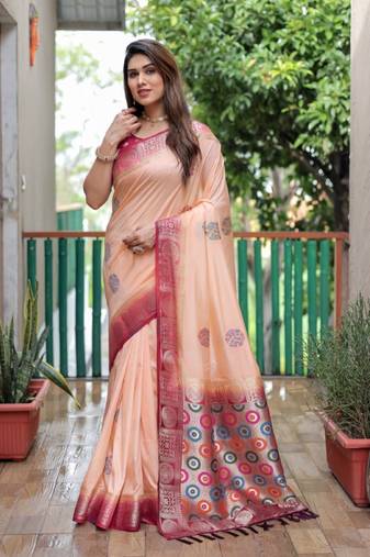 Orange Woven Design Bandhej Silk Blend Saree With Blouse