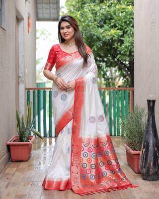 White woven design pure bandhej silk saree with blouse 2