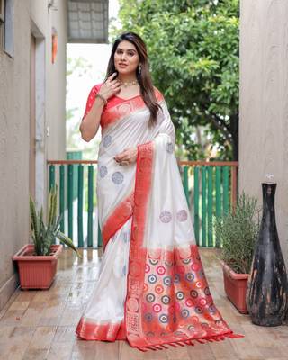 White woven design pure bandhej silk saree with blouse 3