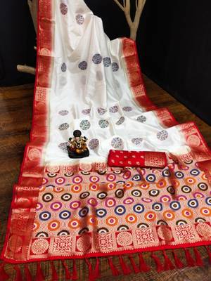 White woven design pure bandhej silk saree with blouse 5