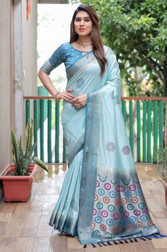 Sky Woven Design Bandhej Silk Blend Saree With Blouse
