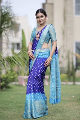 Blue woven design pure bandhej silk saree with blouse 1