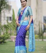 Blue woven design pure bandhej silk saree with blouse