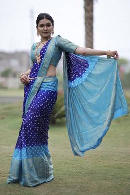 Blue woven design pure bandhej silk saree with blouse 2