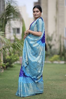 Blue woven design pure bandhej silk saree with blouse 3