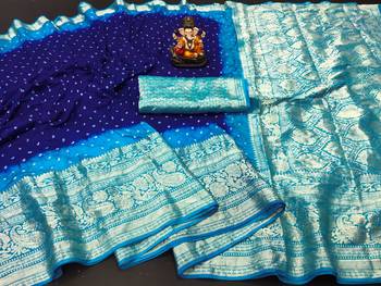 Blue woven design pure bandhej silk saree with blouse 4