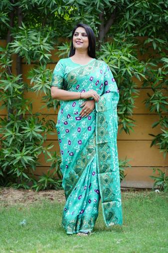 Sea Green Woven Design Bandhej Silk Blend Saree With Blouse