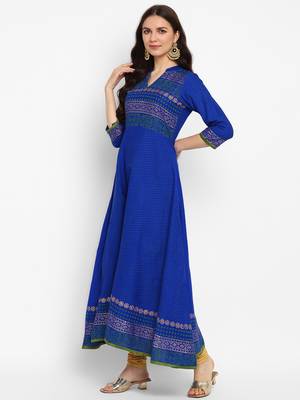 Dp cotton blue hand block print anarkali kurta 3