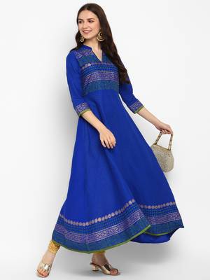 Dp cotton blue hand block print anarkali kurta 5