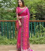 Pink woven design pure bandhej silk saree with blouse