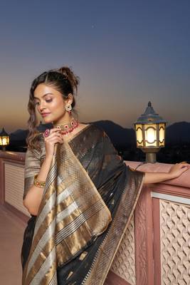 Women's Kota Doria Cotton Saree with Zari woven for Party or Festive Wear 2