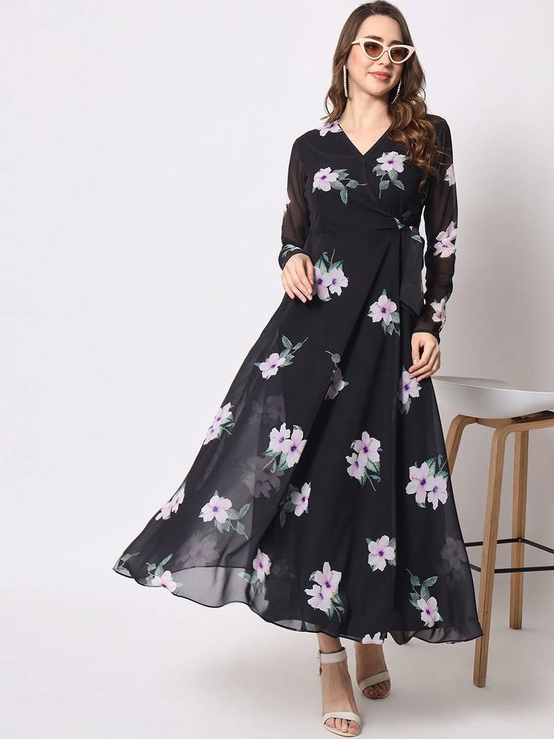 Elegant Georgette Digital Printed Black Gown