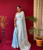 LIGHT SKY BLUE PRETTY lLINEN  LUCKNOWI SAREE