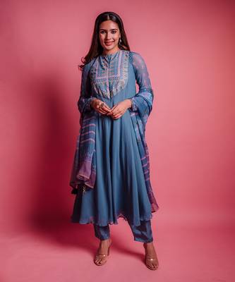 Dessert blue perinnial anarkali set 1