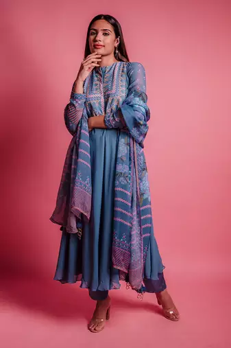 Dessert blue perinnial anarkali set