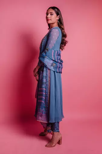 Dessert blue perinnial anarkali set