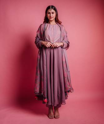 Dewberry mauve plush anarkali set 1
