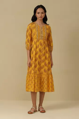 AARKE Marigold yellow paisley print long dress
