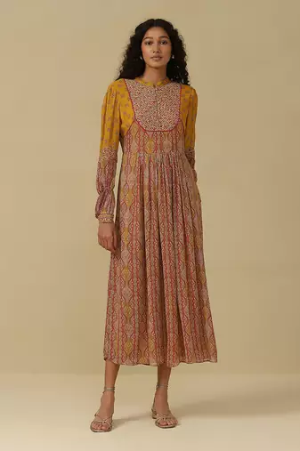 AARKE Mustard & fuschia printed long dress