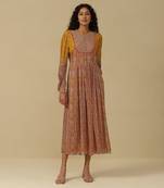 AARKE Mustard & fuschia printed long dress