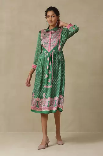 AARKE Green band collar printed dress