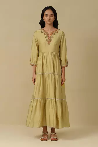AARKE Yellow embroidered tiered long dress