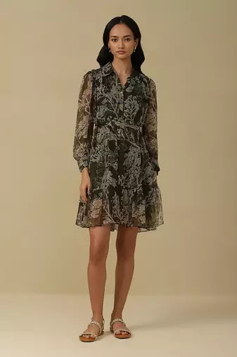 AARKE Olive green printed shirt dress