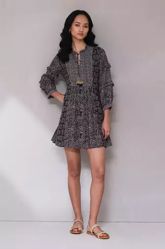 AARKE Black printed ruffle short dress