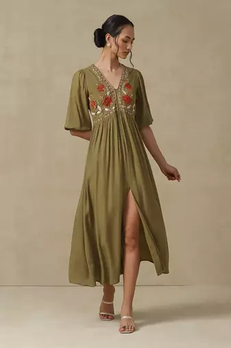 AARKE Olive floral embroidered long dress