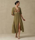 AARKE Olive floral embroidered long dress