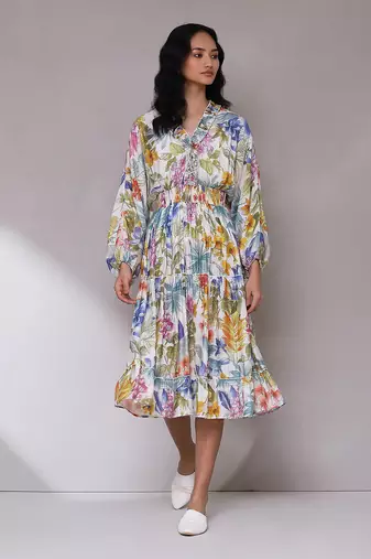 AARKE White floral print tiered long dress