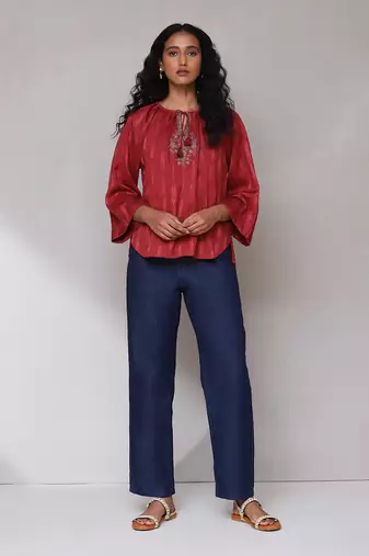 Red embroidered ikat top