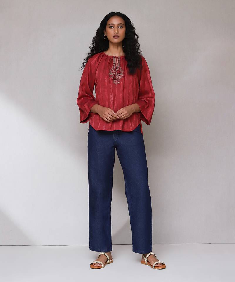 Red embroidered ikat top