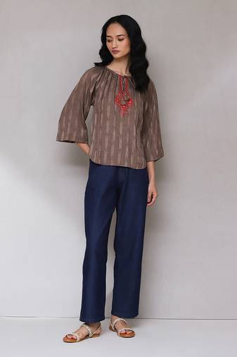Brown embroidered ikat top