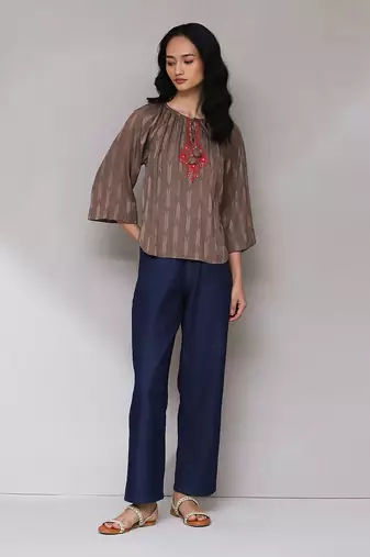 Brown embroidered ikat top