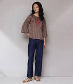 Brown embroidered ikat top