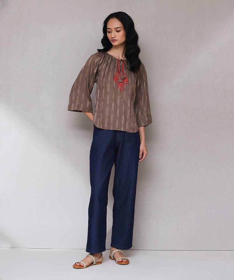 Brown embroidered ikat top