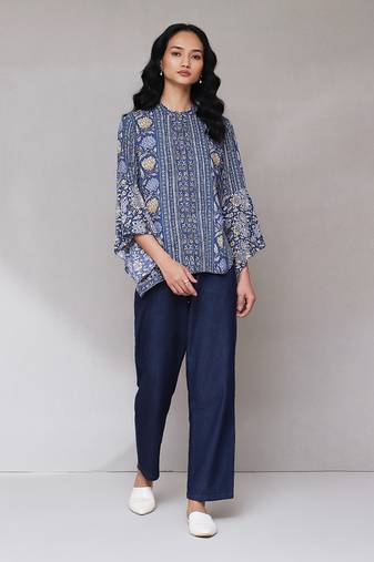 Denim blue floral print shirt