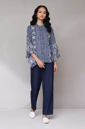 Denim blue floral print shirt