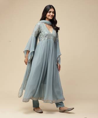 AARKE Grey embroidered a line kurta set 3