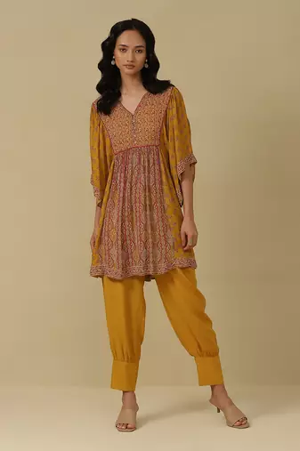 AARKE Mustard & fuschia printed kurta set