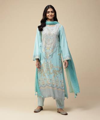 AARKE Powder blue printed straight kurta set 1