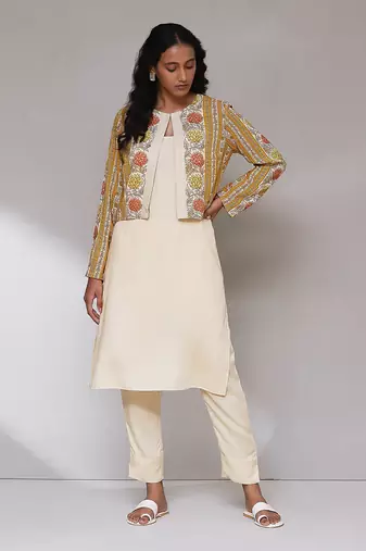 AARKE Mustard floral print kurta jacket set