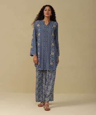 AARKE Denim blue floral print kurta set 1